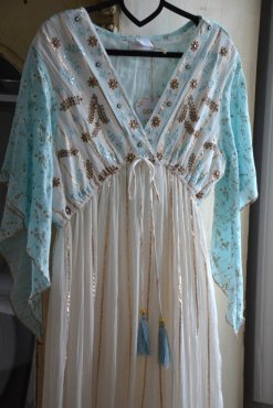 Kl�nning med brodyr, vit/turkos, one size, Gemini